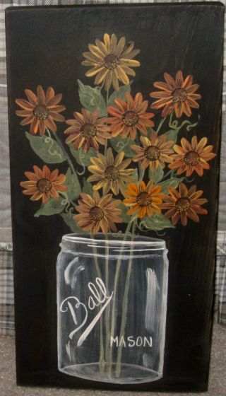 Primitive Hp Folk Art Prim Ball Jar Of Fall Sunflowers Board