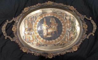 Antique Egyptian Revival Brass Serving Platter Tray Egypt Motif