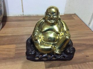 Hollow Brass Chinese Buddha On Wooden Stand