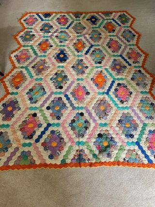 Antique Multi - Colored Hand Quilted Quilt 69.  5” X 89.  5” Flower Garden
