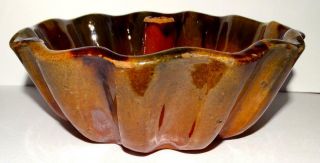 Antique Redware Pottery Stoneware Decorated Bundt Turks head Mold Pan Colorful 8
