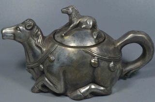 Ancient Collectable Miao Silver Carve Wear Saddle War Horse Succeed Tibet Teapot
