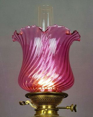 Cranberry Optic Swirl Glass Kerosene Paraffin Duplex Oil Lamp Shade