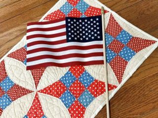 Patriotic C 1930s Improved Nine Patch Table Quilt Runner 24 X 16 Red Blue