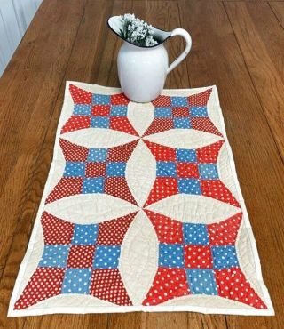 Patriotic c 1930s Improved Nine Patch TABLE Quilt Runner 24 x 16 Red Blue 2