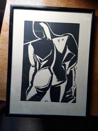 Mid Century Modern Wood Cut Print Of The Male Form.
