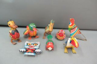 (8) Antique/vintage J.  Chein & Japanese Tin Wind Up & Other Toys Birds & Cat