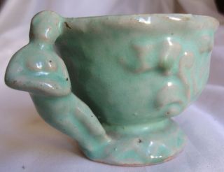 Antique Scarce Antique Naughty Teacup Female Nude Handles Pottery Green Glaze