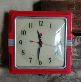 Vintage Telechron Electric Art Deco Red Wall Clock,  Model 2h11