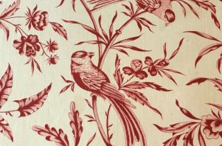 Antique French Fabric Indienne Red Roses Floral Bird Toile