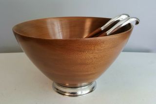 Mid Century Modern Fisher Sterling Silver & Turned Mahogany Wood Salad Bowl Set