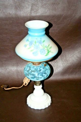 Antique Converted Oil Lamp W/ Blue Floral Shade & Milk Glass Base - Needs Work