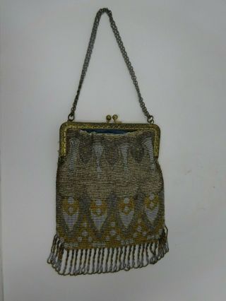 French Victorian Style Silver & Gold Beaded Purse W Chain Tassels France Bag