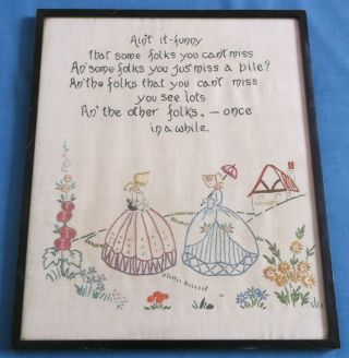 Vintage Hand Embroidered Linen Picture Panel Crinoline Lady Ladies Poem C1930s