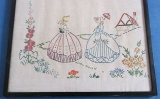 VINTAGE HAND EMBROIDERED LINEN PICTURE PANEL CRINOLINE LADY LADIES POEM c1930s 2