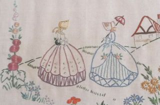 VINTAGE HAND EMBROIDERED LINEN PICTURE PANEL CRINOLINE LADY LADIES POEM c1930s 3