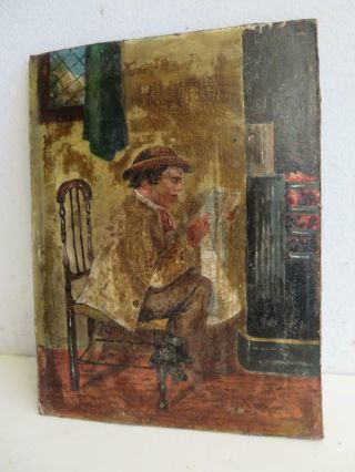 Really Old Painting Antique Oil Man Reading Newspaper