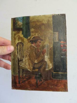 really old PAINTING antique oil Man reading Newspaper 2