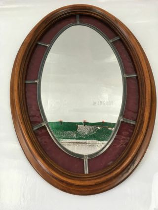 Vintage Oval Mirror With Leadlight Design,  Wooden Frame And Coloured Border