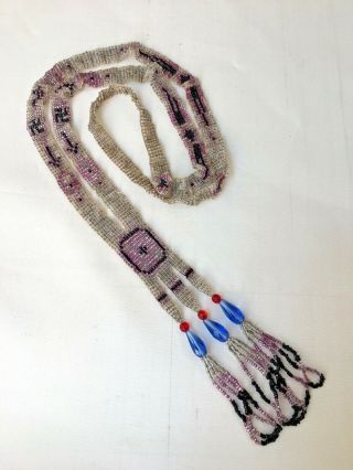 Antique 1910s Glass Beaded Tassel Flapper Necklace Lucky Swastika Whirling Logs