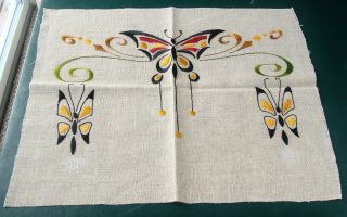 Antique Arts & Crafts Silk Embroidered Linen Pillow Cover Butterfly