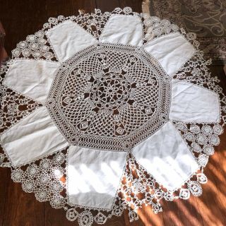 Antique Tatted Lace Tablecloth Linen Cotton Round French Vintage Tatting Trim 2