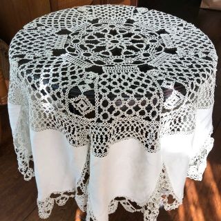 Antique Tatted Lace Tablecloth Linen Cotton Round French Vintage Tatting Trim 3