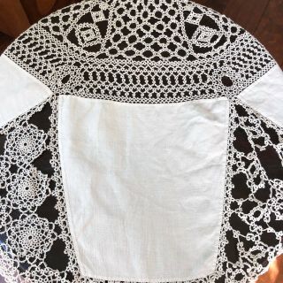 Antique Tatted Lace Tablecloth Linen Cotton Round French Vintage Tatting Trim 4
