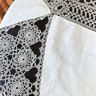 Antique Tatted Lace Tablecloth Linen Cotton Round French Vintage Tatting Trim 6