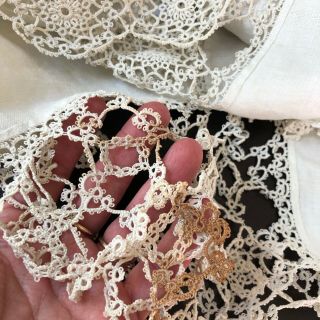 Antique Tatted Lace Tablecloth Linen Cotton Round French Vintage Tatting Trim 8
