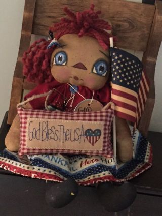 Primitive Folk Art Raggedy Ann Doll God Bless The Usa