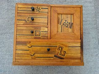 Vintage Wooden Marquetry Miniature Table Top Cabinet