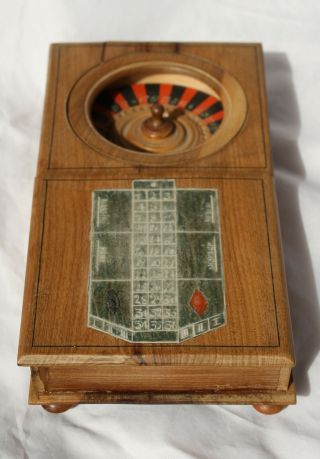 Antique Miniature Travel Roulette Wheel Wood 2 Ball Circa Wooden Folk Art