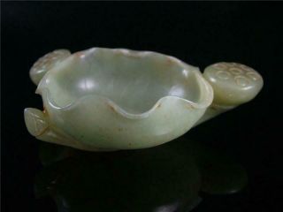 Fine Old Chinese Celadon Nephrite Jade Brush Washer Statue Lotus Blessing