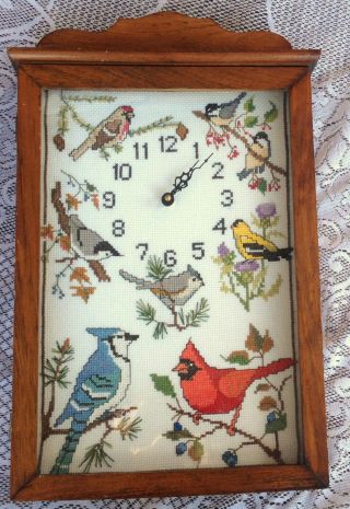 Embroidered Birds On Wall / Shelf Clock - Wood Case / Glass Door 384