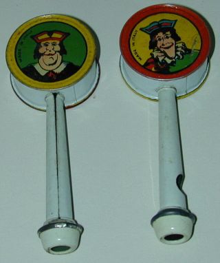 Stan Laurel & Oliver Hardy Pair Litho Tin Whistles Rattles Made In Italy 1920s