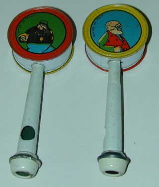 Stan Laurel & Oliver Hardy Pair Litho Tin Whistles Rattles Made In Italy 1920s 3