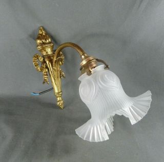 Antique French 2nd Empire Bronze And Frosted White Glass Wall Light Sconce Torch