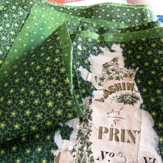 Early 1800 ' s - Civil War OVERDYED GREEN Calico Quilt Fabric yellow flower dolls 2