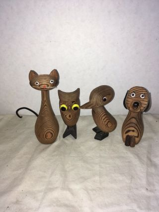 Vintage Mcm Hand Carved Cat Dog Owl Duck Set Figures Cryptomeria Japan Danish