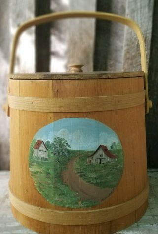 Vintage 12 " Hand Painted Firkin Bucket Primitive Wooden Country House Basktville