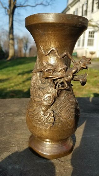 Antique 19 Century Chinese Bronze Vase With Raised Dragon That Snakes Around 7 "