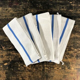 A Vintage Set Of 5 French Linen Kitchen Towels With Blue Stripe.