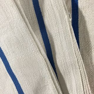 A vintage set of 5 French linen kitchen towels with blue stripe. 2