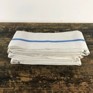 A vintage set of 5 French linen kitchen towels with blue stripe. 3