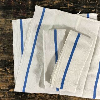 A vintage set of 5 French linen kitchen towels with blue stripe. 4