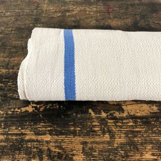 A vintage set of 5 French linen kitchen towels with blue stripe. 5