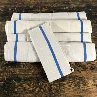 A vintage set of 5 French linen kitchen towels with blue stripe. 6