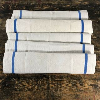 A vintage set of 5 French linen kitchen towels with blue stripe. 7