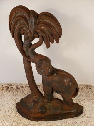 Vintage Cast Iron Elephant & Palm Tree Reaching For Coconut Doorstop